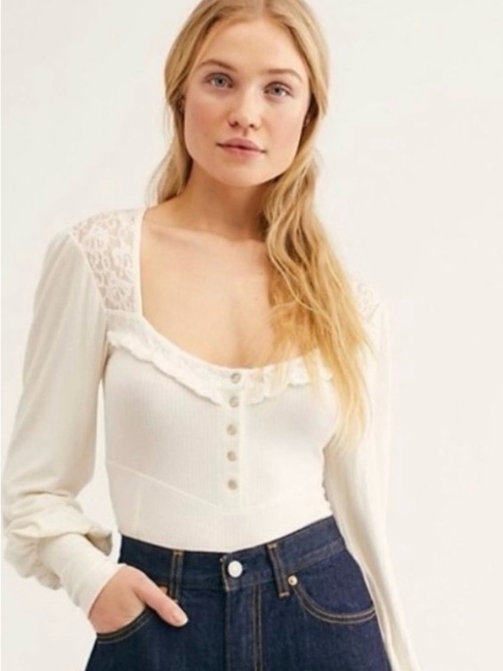 Free People “Kissin’ Kate” Blouse Henley White Lace Long Sleeve Ribbed Size XS